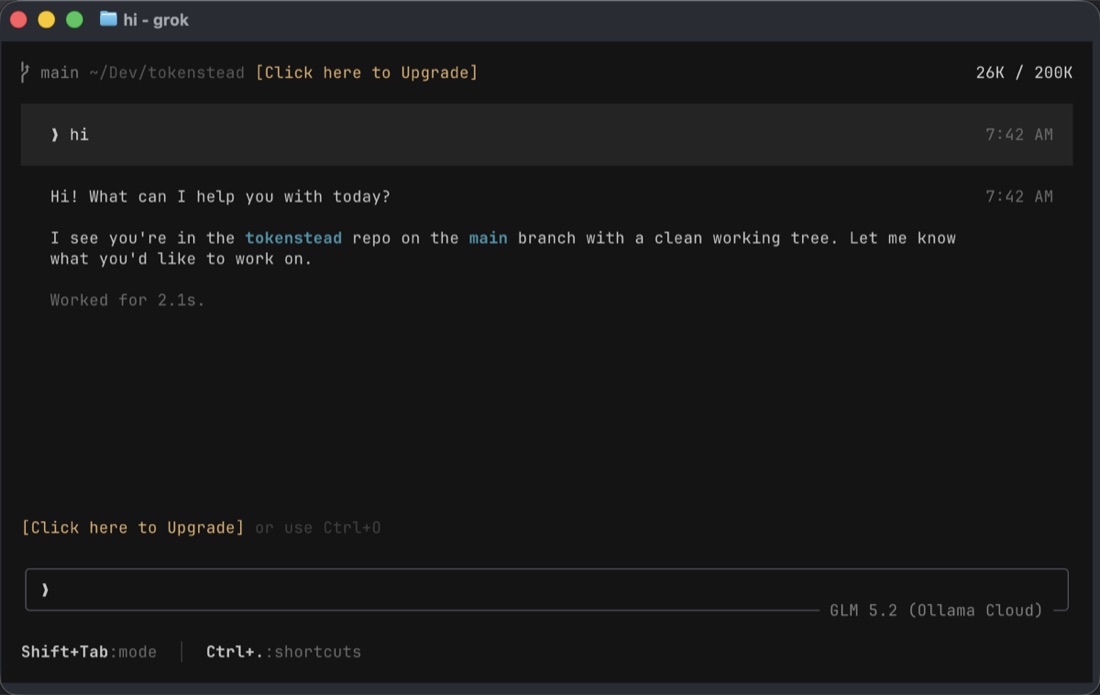 grok running a coding session on GLM 5.2 through Ollama Cloud
