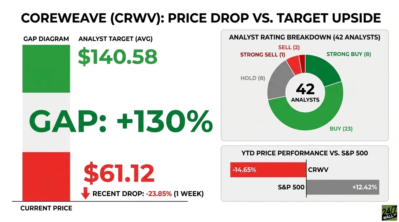 Caption: CoreWeave’s month: down 23.85 percent in a week and 14.65 percent year to date against an S&amp;P up 12.42 percent, with 42 analysts still averaging $140 targets. Figure: 247wallst.com, October 2026.
