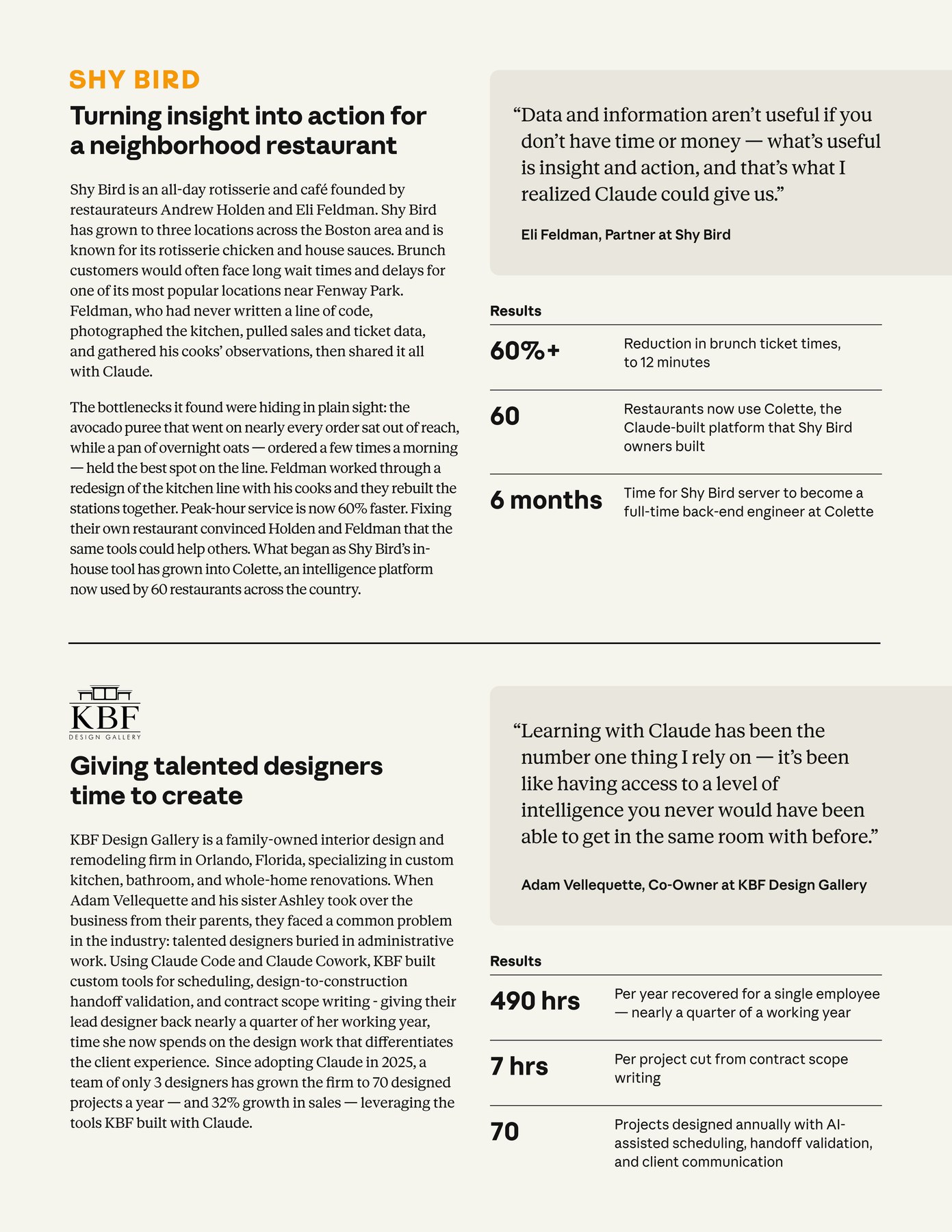 A page from the filing's business section: Anthropic pitching its own customers - a Boston rotisserie that cut ticket times 60%, a South Carolina design studio recovering 490 hours a year. The S-1's case studies are SMB wins, not enterprise logos. (Image: Anthropic S-1, SEC EDGAR, public filing)