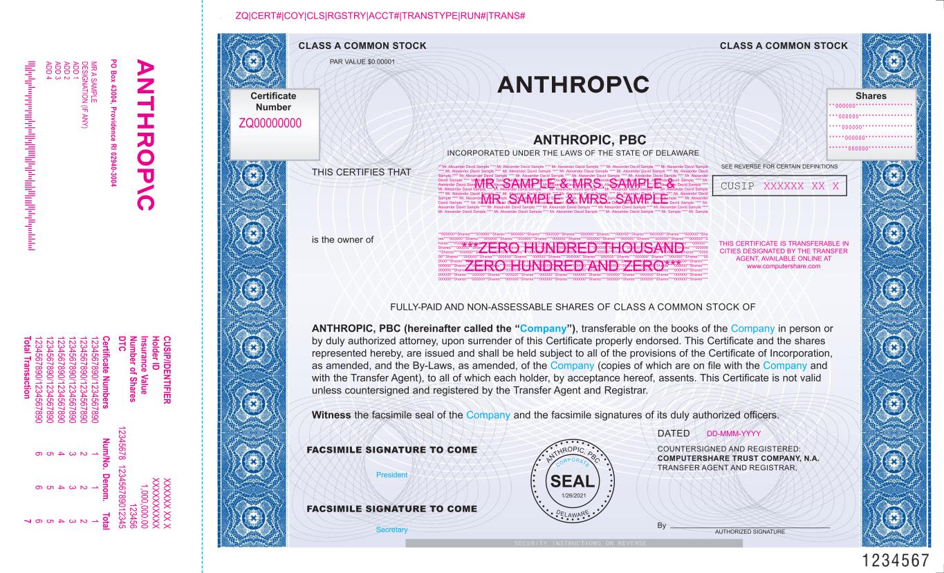 The specimen Class A stock certificate from the filing: the artifact that turns a PBC's novel governance structure into an ownable security. (Image: Anthropic S-1 exhibit, SEC EDGAR)