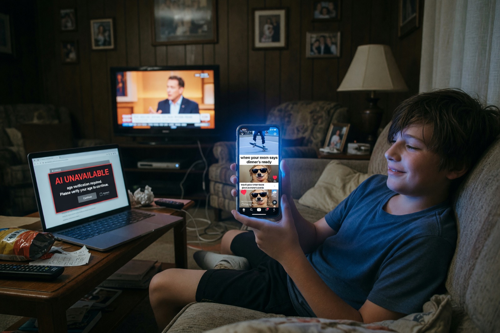 Two screens in one room. The feed on the phone opened with no question asked. The assistant on the laptop wants age verification before it will talk.