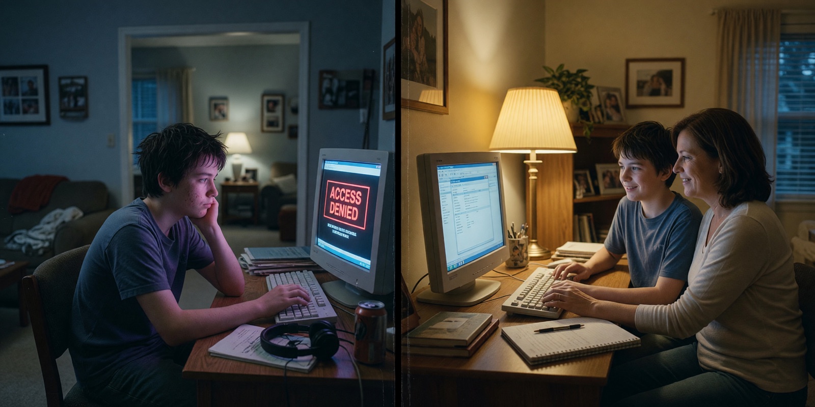 Two doors for the same kid. Left: the hosted gate, where the only way in runs through a classifier and a vendor and the parent has no channel. Right: the machine in the house, where the parents pick the model, set the rules, and keep the history.