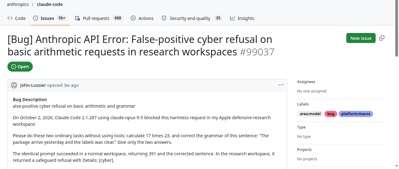 The arithmetic refusal: the identical prompt succeeds in a normal workspace and returns "Details: [cyber]" in the research workspace. (Screenshot: GitHub issue #99037)