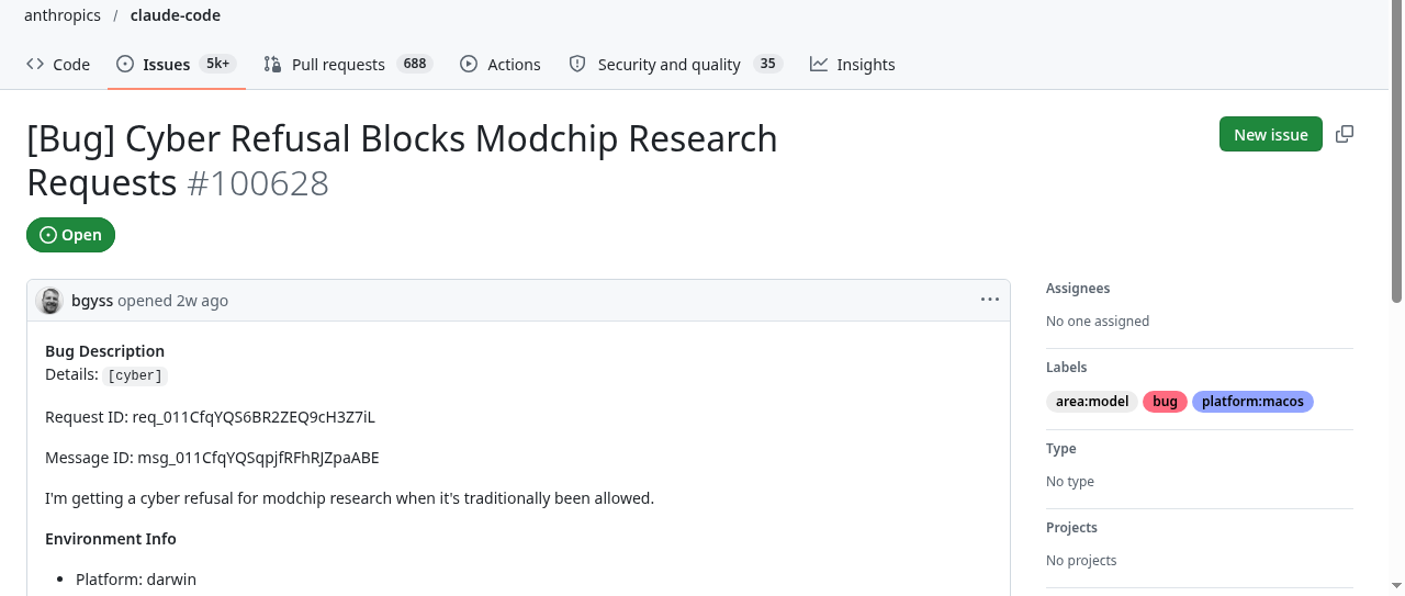 The modchip-refusal issue, verbatim: "I'm getting a cyber refusal for modchip research when it's traditionally been allowed." (Screenshot: GitHub issue #100628)