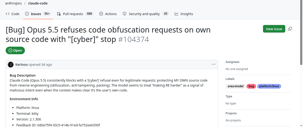 The own-code refusal: anti-tampering on the user's own source flagged as malicious intent. (Screenshot: GitHub issue #104374)