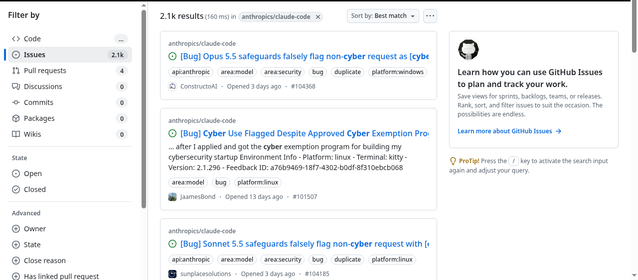 Claude Code's [cyber] wall: 2,145 refusal issues
