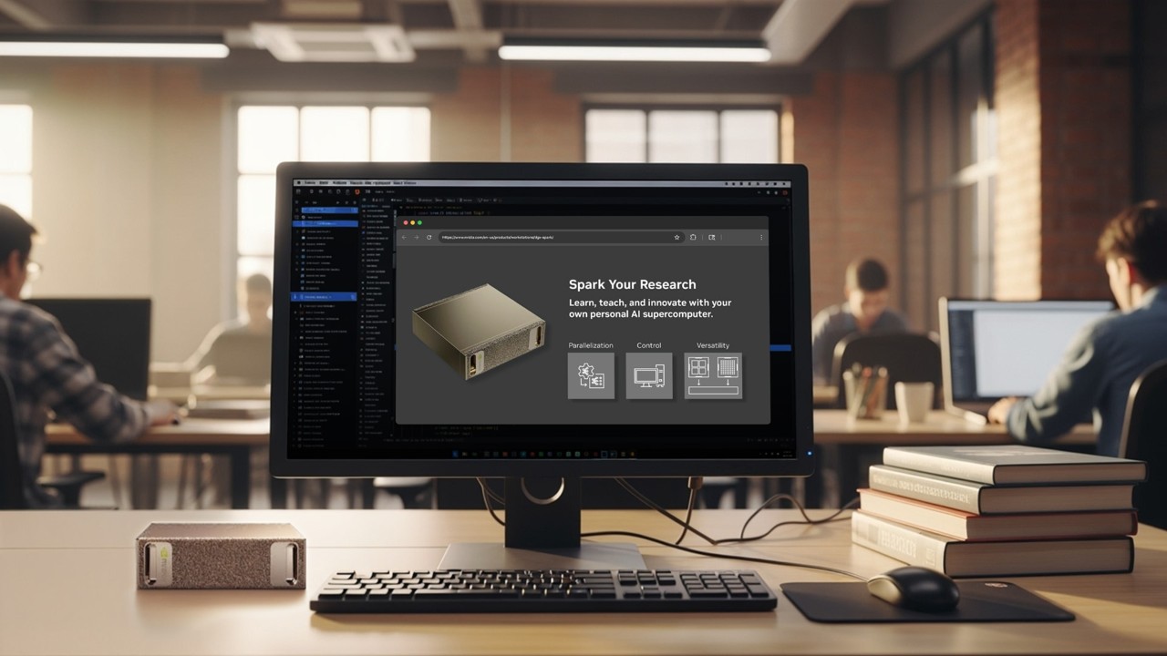 NVIDIA DGX Spark in a study setting, showing the compact 1.2kg desktop form factor