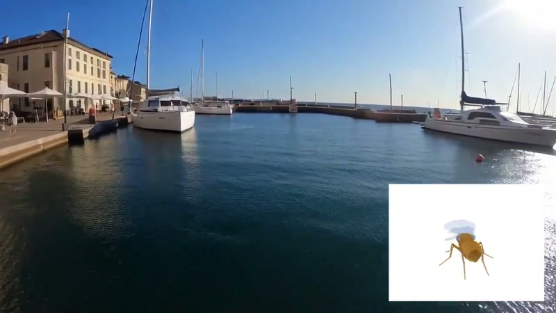 Frame 7 of the clip: the quay with pedestrians and umbrellas is fully generated around the fly. Between frames the harbor never cuts: it deforms continuously, which is the world-model claim. (Video frame: @odysseyml, Oct 17 2026)