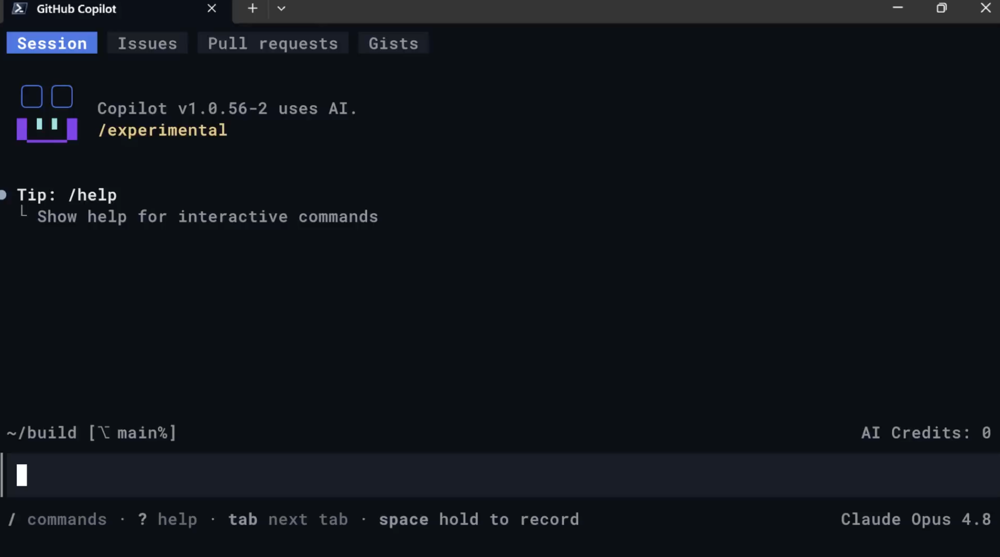 Caption: The June 2 technical preview of the Copilot app: a terminal session with a model tag (Claude Opus 4.8) in the corner and AI credit balance in the status bar. Screenshot: GitHub.