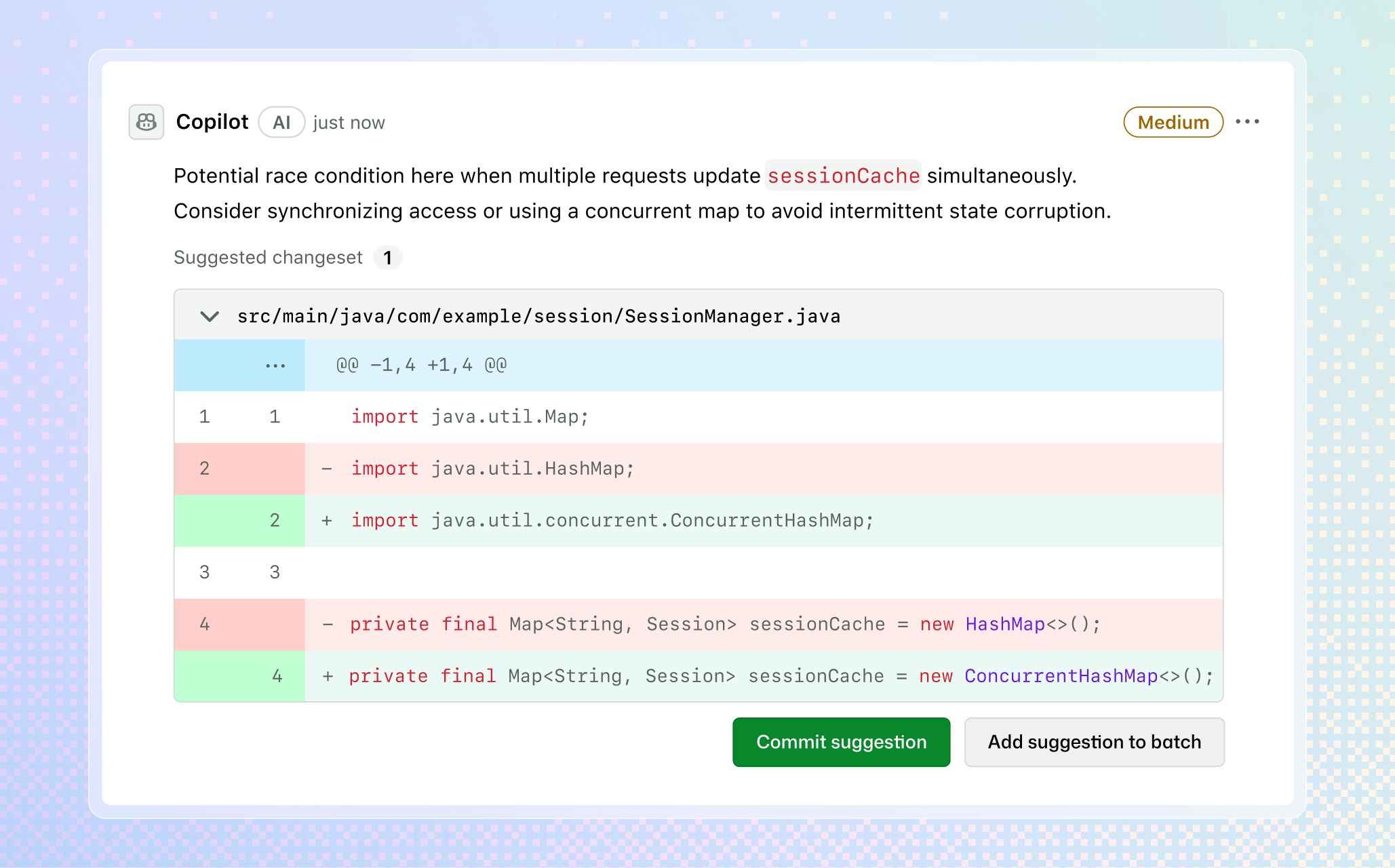 Caption: Code review Max at work on a Java race condition: identify the non concurrent HashMap, propose the synchronized replacement as a committable changeset. Screenshot: GitHub.