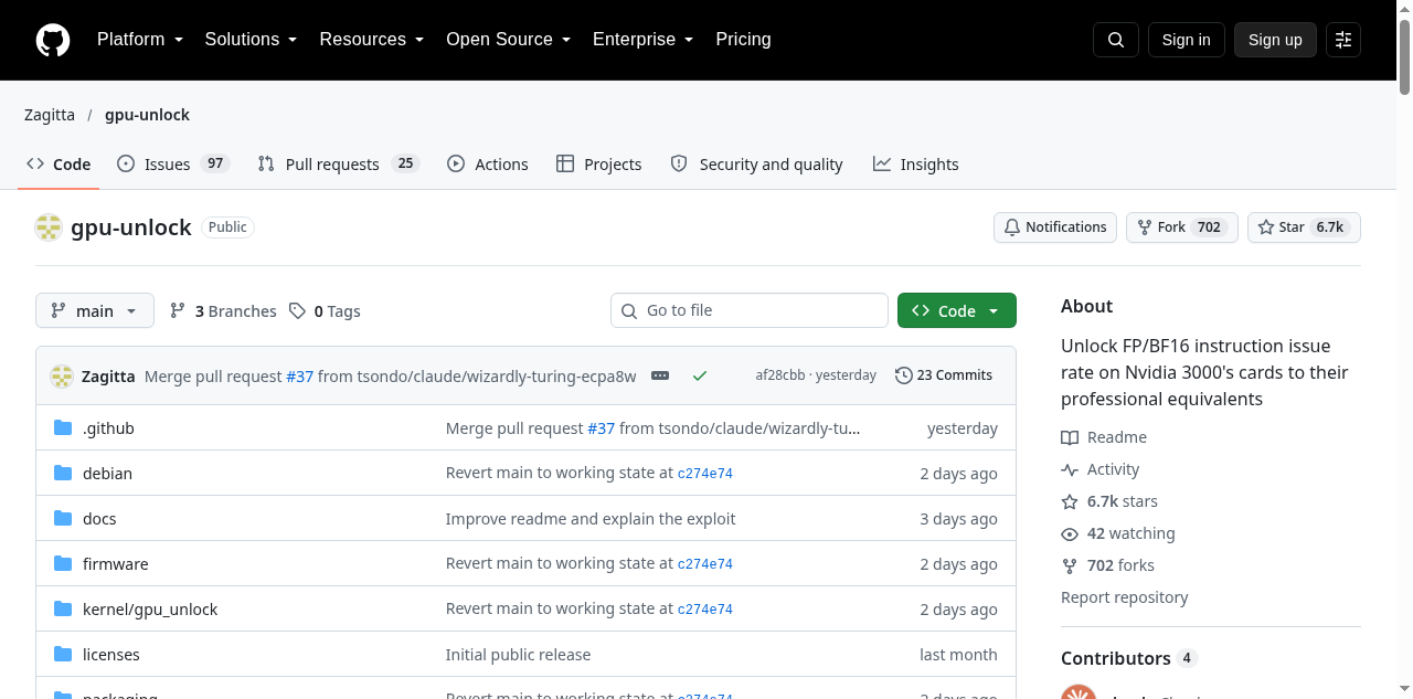 The repo: 6.7k stars in its first week. (Screenshot: GitHub, Zagitta/gpu-unlock, Oct 25, 2026)