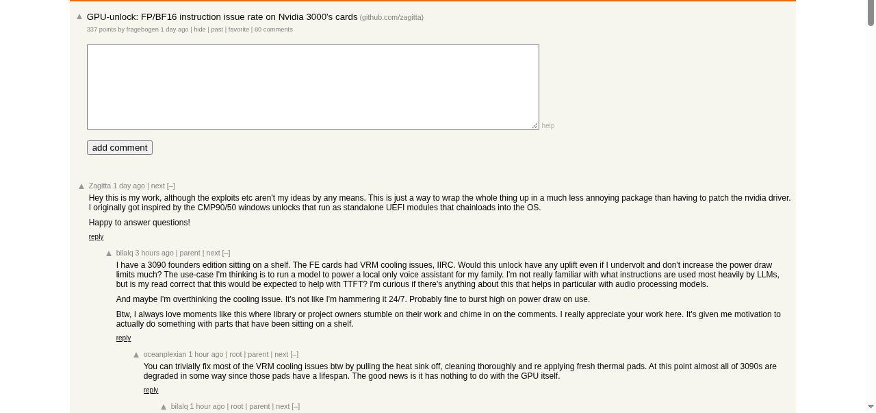 The HN thread: the author in the comments, the independent reproduction, the power-limit debate. (Screenshot: Hacker News #50219700, Oct 25, 2026)