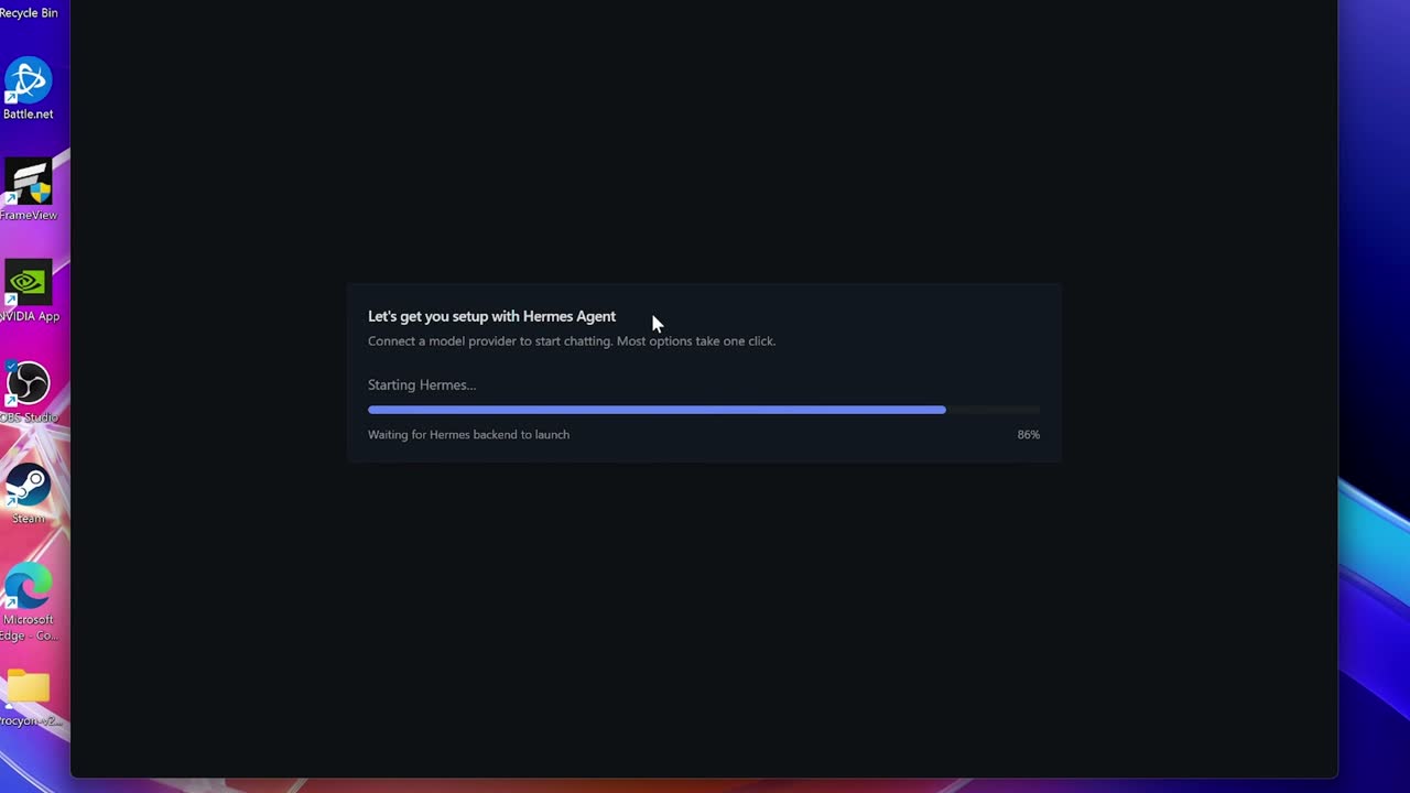 The Windows setup flow on RTX Spark: "Let's get you setup with Hermes Agent" with guided provider connection and the local backend starting. The announcement calls this guided setup "without requiring a command line." (Image: Nous Research launch video)