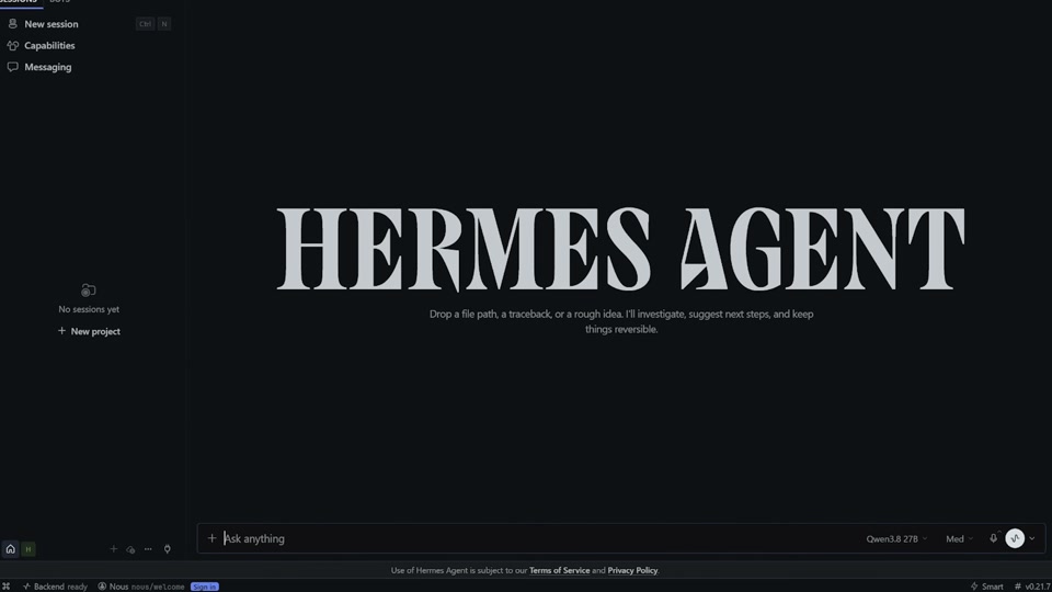 Hermes Agent's welcome screen inside the RTX Spark demo: the model picker at bottom right reads Qwen 3.8 27B with effort set to Med, and the status bar shows the local backend ready. (Image: Nous Research launch video)