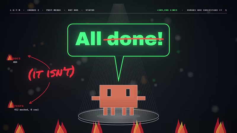 Frame from LGTM: chorus 2's post-merge podium, where the mascot says "All done!" with "done" struck through and "(IT ISN'T)" in red; the HUD reads DOCS 404, TESTS 412 mocked 0 real. (Video frame: Degenerative Pixels, LGTM, YouTube)