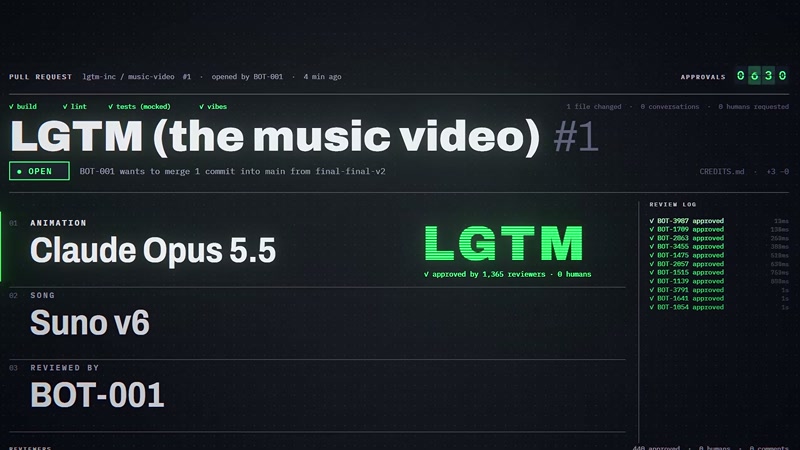 Frame from LGTM: the credits roll as a GitHub PR, approved by 1,363 reviewers, 0 humans, with a review log of sub-second bot approvals. (Video frame: Degenerative Pixels, LGTM, YouTube)