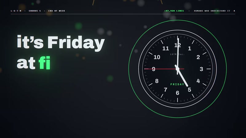 Frame from LGTM: the Friday-at-5 analog clock scene, where the HUD shows +47,920 lines and only 4 humans understand the codebase. (Video frame: Degenerative Pixels, LGTM, YouTube)