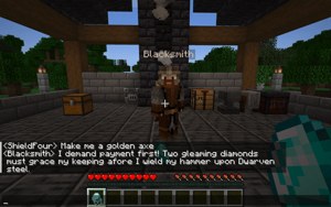 The blacksmith NPC mid-haggle: the user offers a golden axe and two diamonds, the NPC demands more coin. (GIF frame: NVIDIA, Bolt E4B technical report, Figure 3)