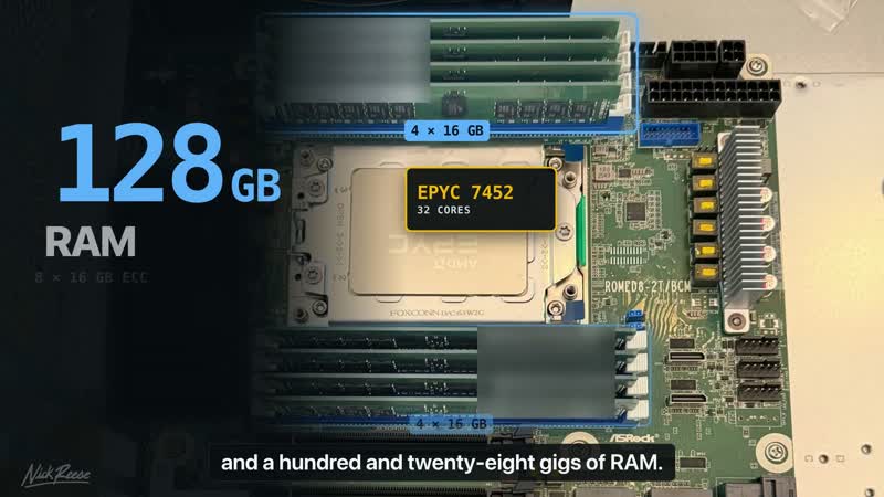 Board level with the labels on: EPYC 7452, 32 cores, 8x16 GB ECC, on the ASRock Rack ROMED8-2T/BCM. (Video frame: Nick Reese, used with credit)