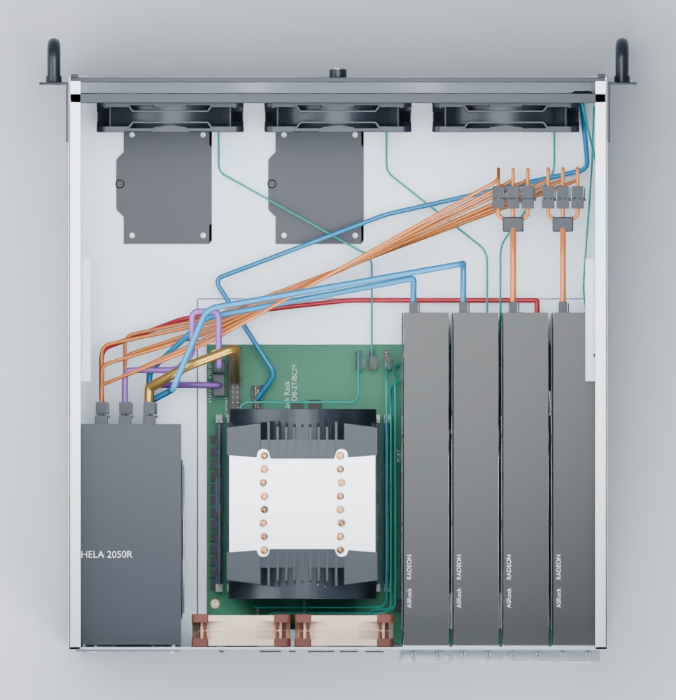 The wiring render: 4U, HELA 2050R PSU, three intake fans, four cards on 12V-2x6. (Image: Nick Reese, from his public build guide)
