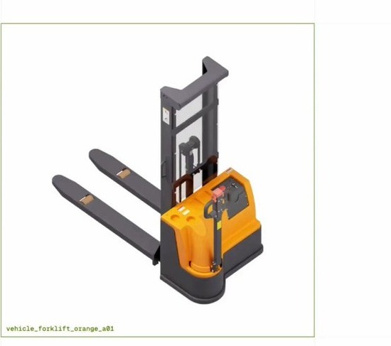 A forklift from the simready-assets collection, labeled vehicle_forklift_orange_a01: simulation-ready means it comes with mass, collision, and physics metadata, not just a mesh. (Image: Hugging Face, nvidia/simready-assets, CC-BY-4.0)
