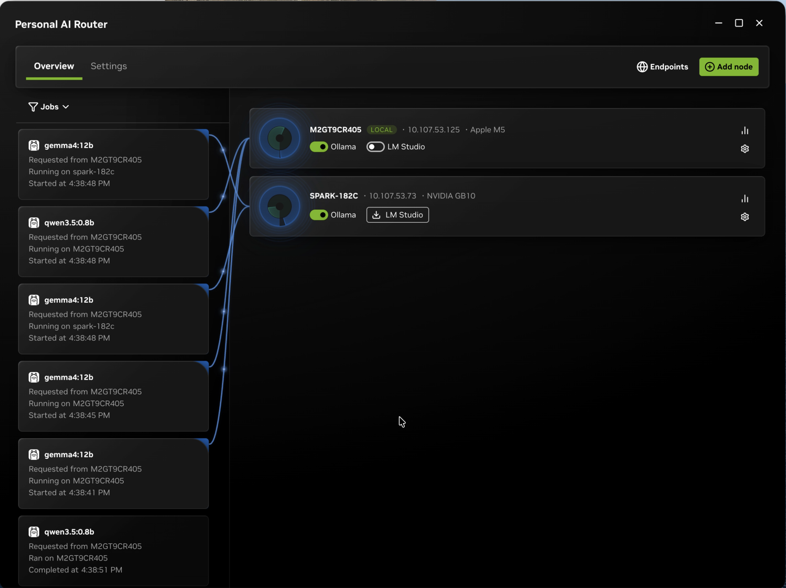 Demo traffic across a cluster: the routing view shows which node handled each job as nodes join and leave.