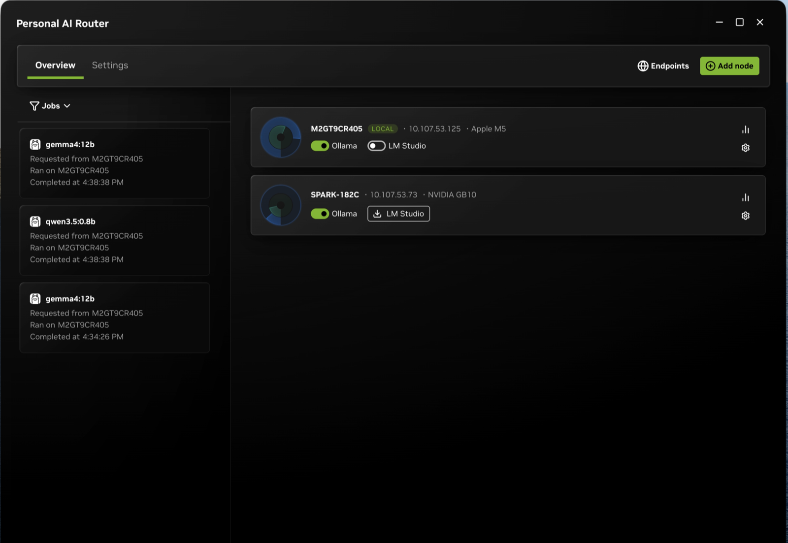 The overview screen on a two-node cluster, with both node cards and the jobs that ran across them.