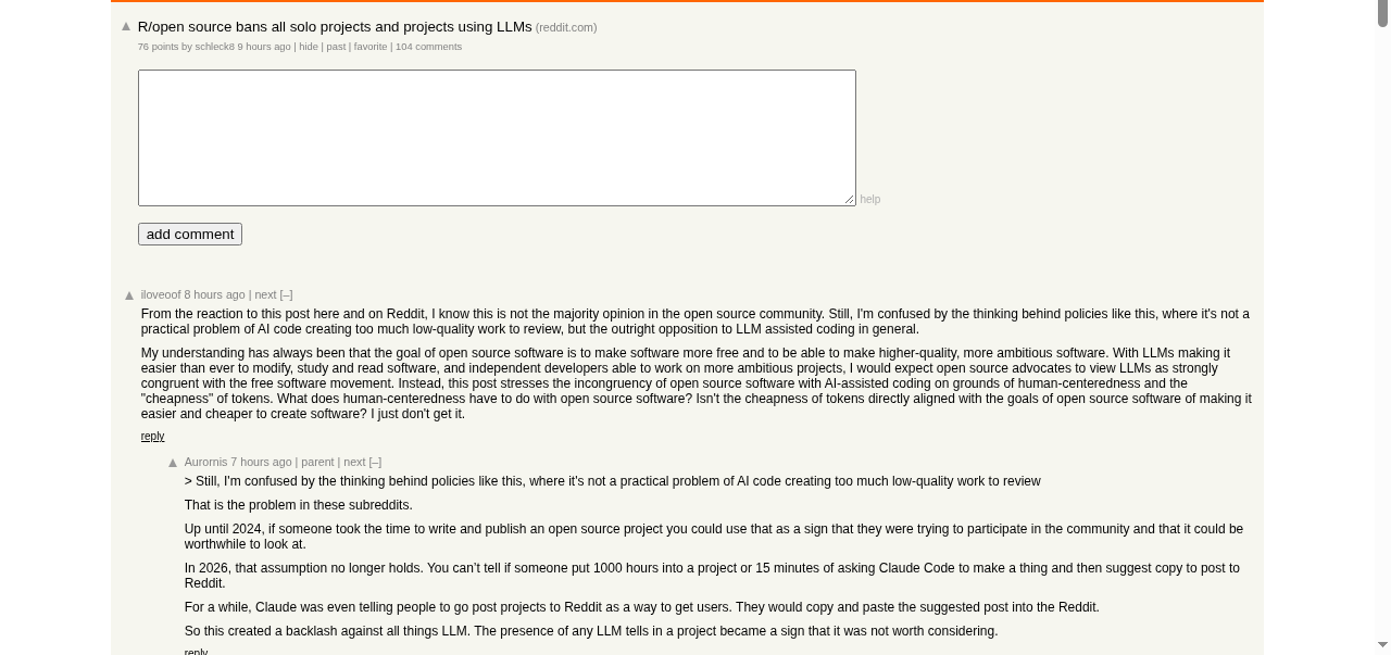 The HN thread where the mod's "nuance" defense and the kernel counterargument collide. (Screenshot: Hacker News #50231722, Oct 25, 2026)