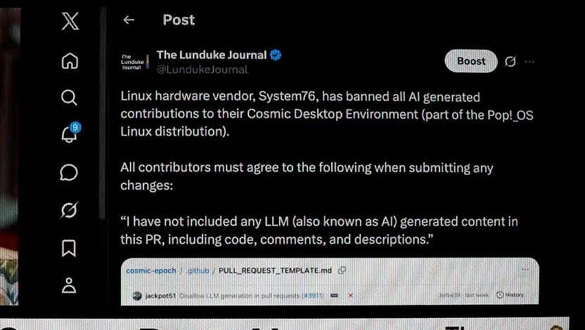 System76's COSMIC PR template: every contributor must attest their patch contains no LLM-generated content. (Image: The Lunduke Journal, X post)