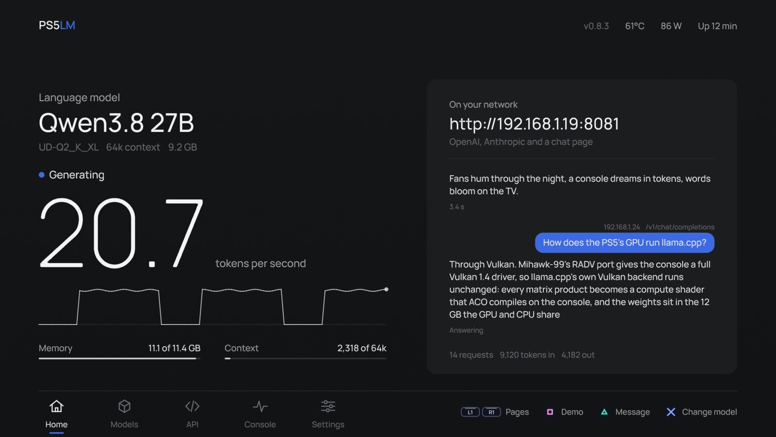 PS5LM running on a jailbroken PS5: the Home screen streams every request and answer across the TV, with the model, its speed, and console telemetry one L1 press away. (Image: PS5LM docs, GPL-3.0 project)