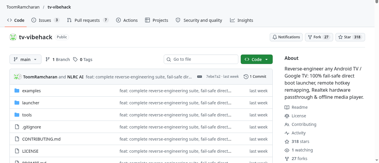 The repo that started it: ADB-based reverse engineering for Android and Google TVs, no root, 318 stars in its first weeks. (Screenshot: GitHub, ToomRamcharan/tv-vibehack)