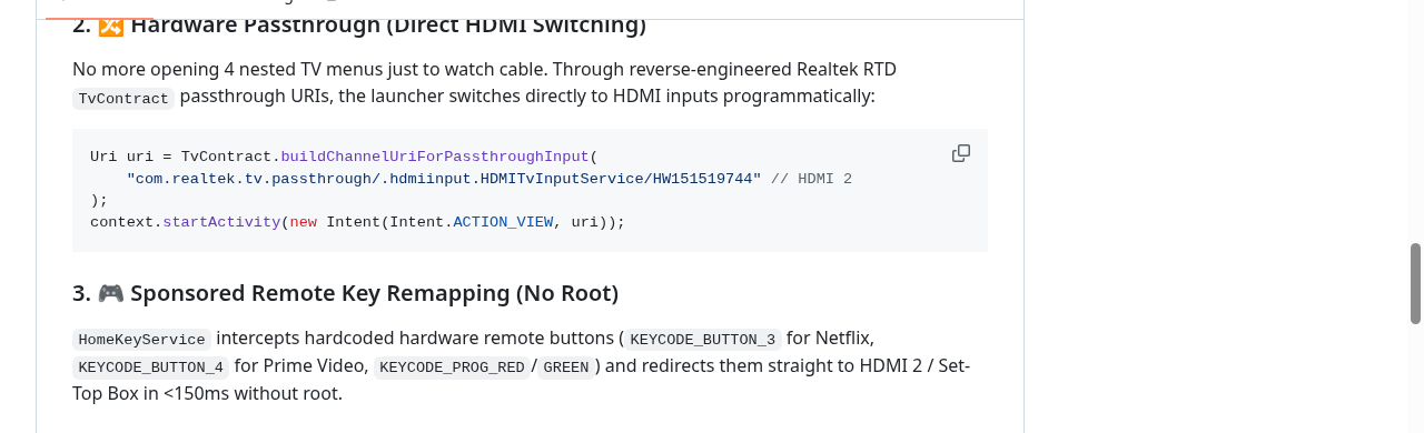 The feature list, verbatim: key interception in under 150ms, direct HDMI switching through reverse-engineered Realtek URIs. (Screenshot: tv-vibehack README, GitHub)