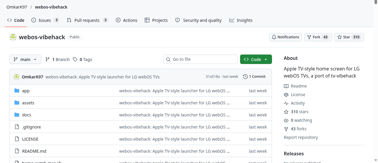 An LG webOS set running the port's Apple TV-style launcher: the movement outgrew one TV brand quickly. (Screenshot: GitHub, OmkarK97/webos-vibehack)